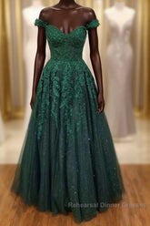 Off-the-Shoulder Cheap Hunter Green Formal Dress Floral Appliques Semi Formal Prom Dress